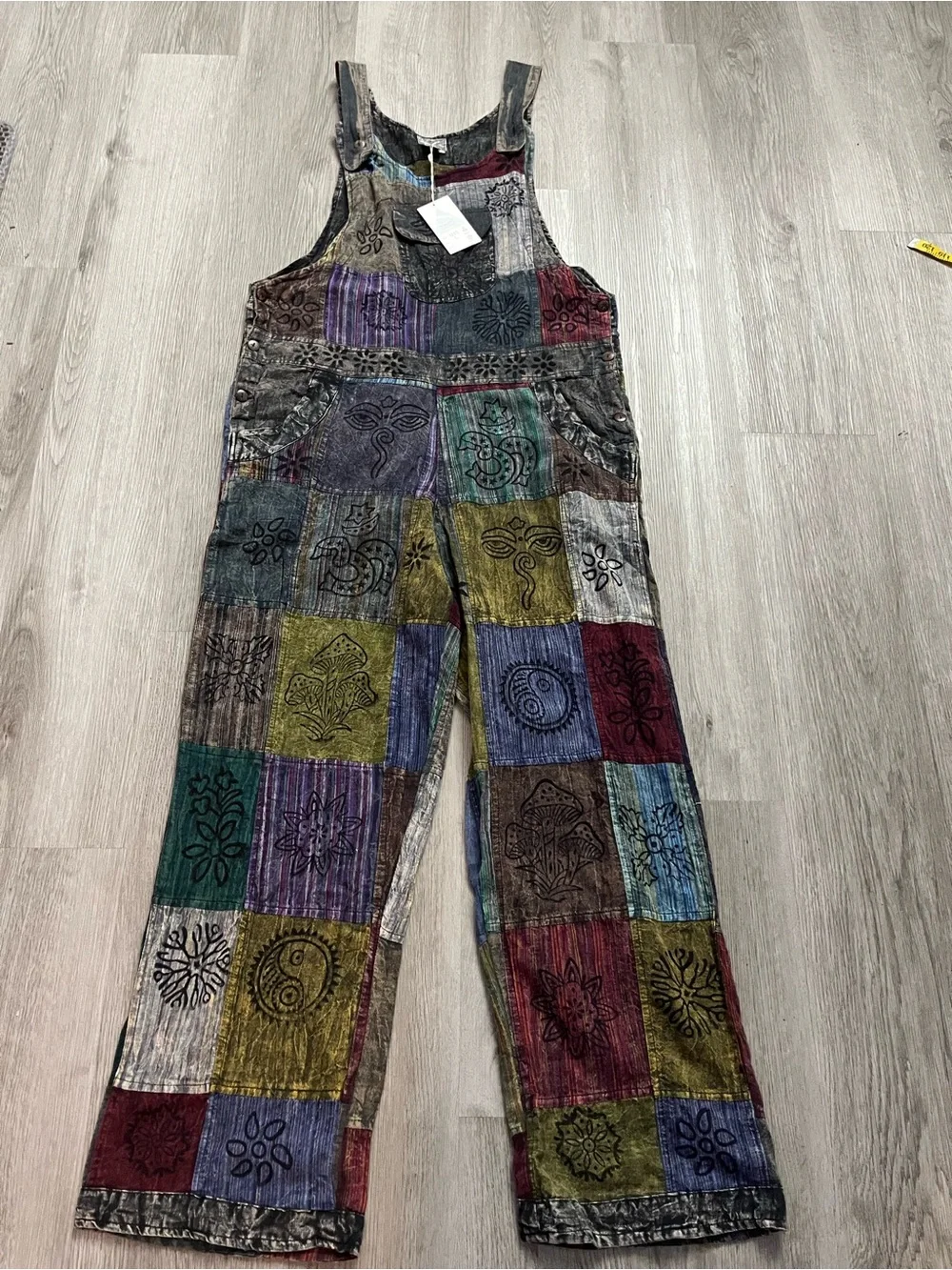 244–NWT Boho Patchwork Multi-Color Cotton Blend Overalls - Picture 1 of 6